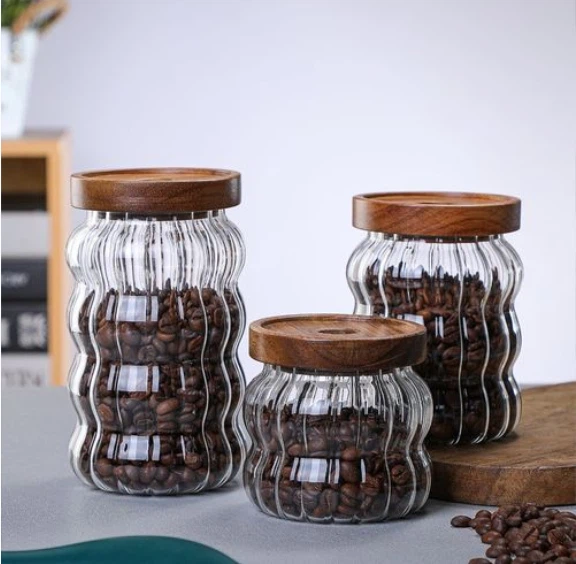Striped Glass Storage Jar With Acacia Wood Lid