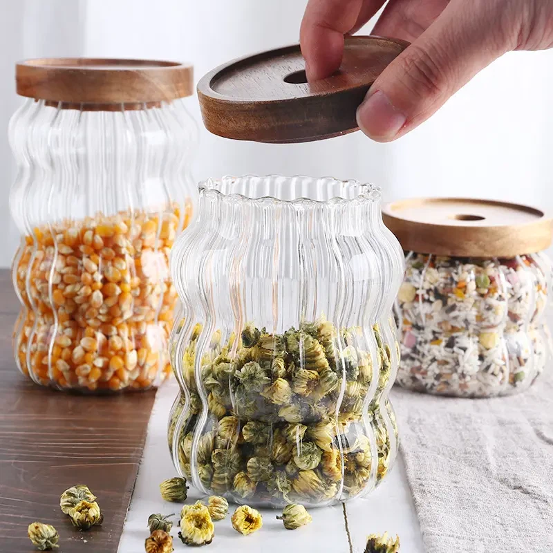 Striped Glass Storage Jar With Acacia Wood Lid