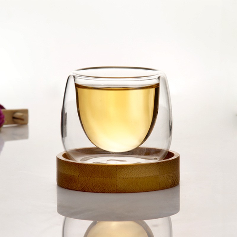 Double Walled Glass Cup With Wooden Tray